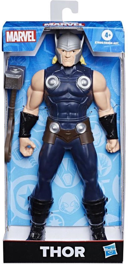 Thor-actiefiguur in verpakking met hamer en Marvel-logo.