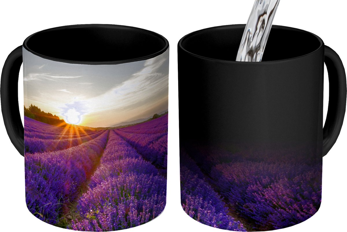 Magische Mok - Foto op Warmte Mokken - Koffiemok - Lavendel - Bloemen - Zonsondergang - Paars - Magic Mok - Beker - 350 ML - Theemok