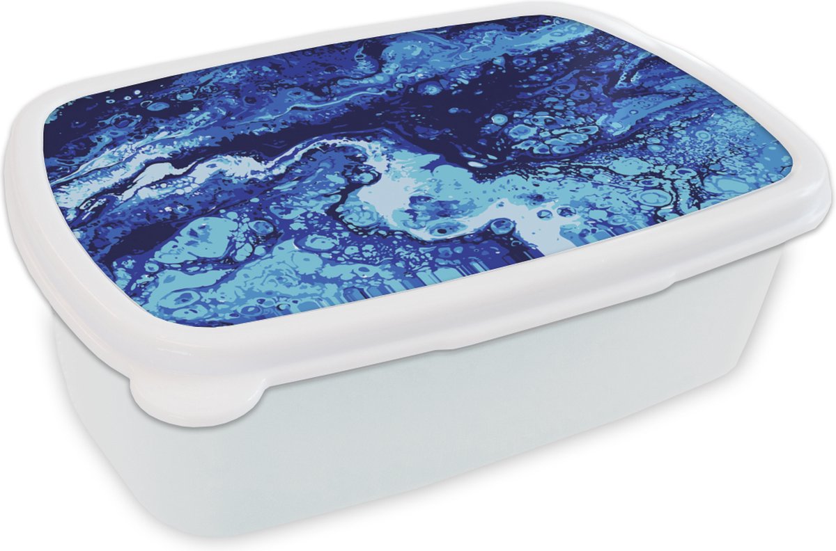 Broodtrommel Wit - Lunchbox - Brooddoos - Marmer - Blauw - Waterverf - 18x12x6 cm - Volwassenen
