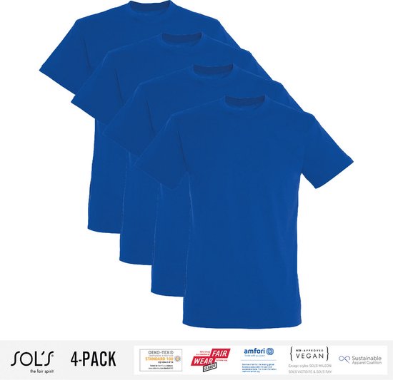 4 Pack Sol's Heren T-Shirt 100% biologisch katoen Ronde hals Royal Blue Maat 3XL
