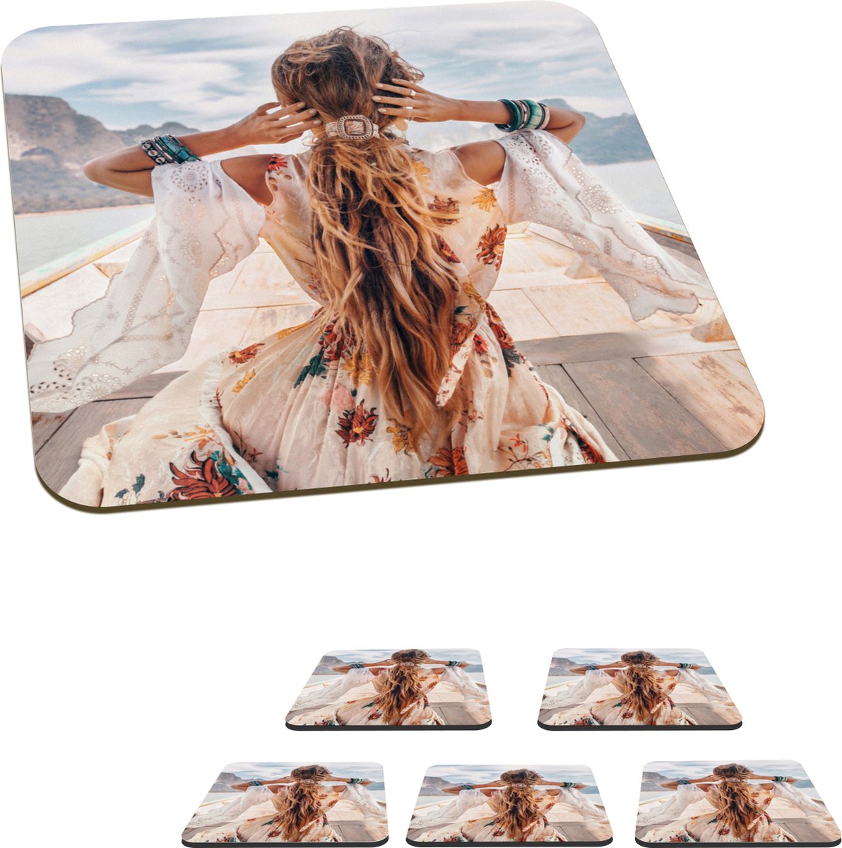 Onderzetters voor glazen - Vrouw - Boot - Jurk - 10x10 cm - Glasonderzetters - 6 stuks