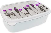 Broodtrommel Wit - Lunchbox - Brooddoos - Bloemen - Tulpen - Paars - 18x12x6 cm - Volwassenen