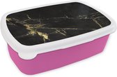 Broodtrommel Roze - Lunchbox - Brooddoos - Marmer - Zwart - Goud - Luxe - 18x12x6 cm - Kinderen - Meisje