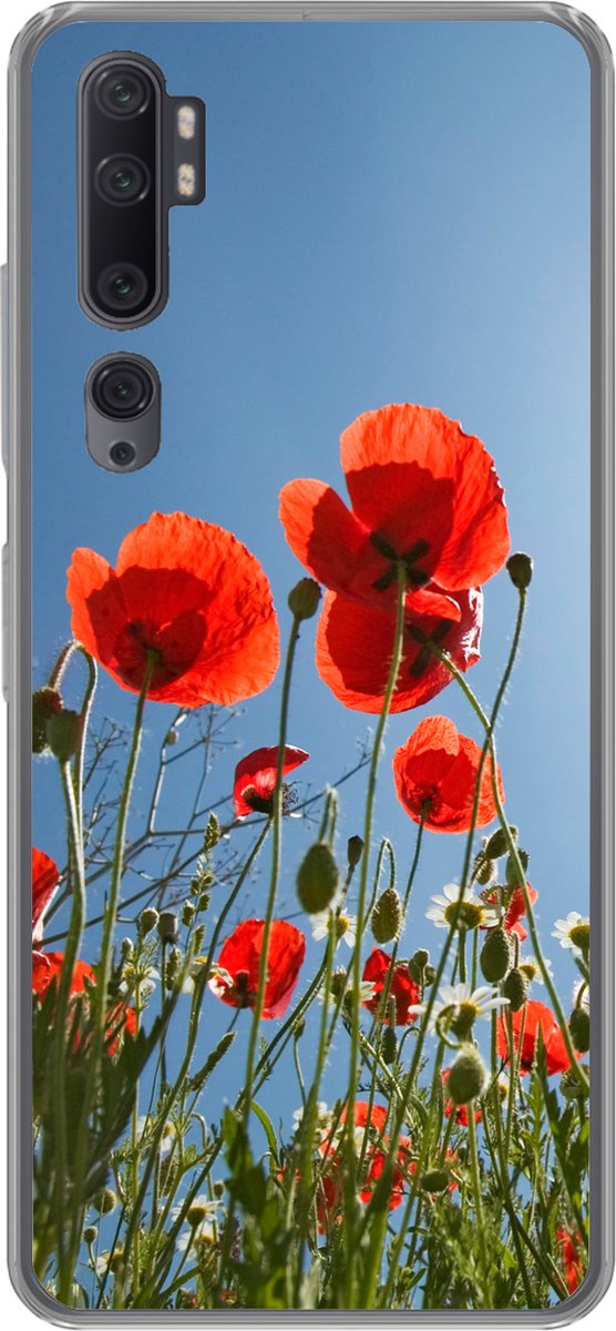 Telefoonhoesje Geschikt voor Xiaomi Mi Note 10 hoesje - Felle zon boven een aantal klaprozen in Spanje - Siliconen Telefoonhoesje Telefoonhoesje