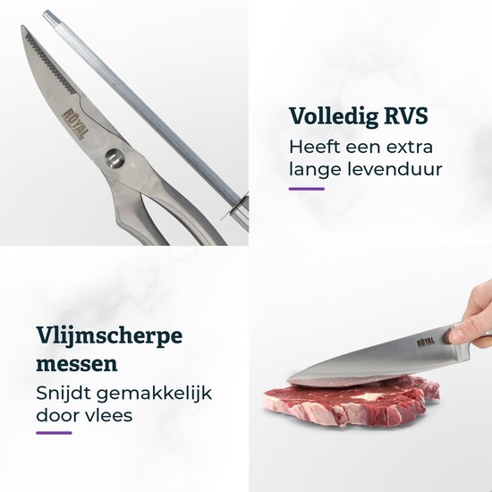 Collage: RVS vleesschaar en aanzetstaal, en een mes snijdt vlees.
