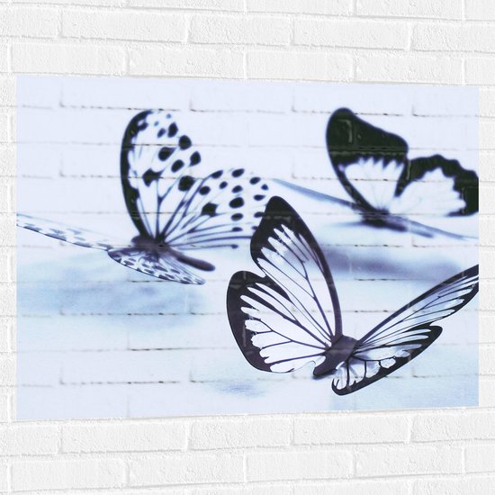 WallClassics - Muursticker - Zwarte Vlinders op Witte Achtergrond - 100x75 cm Foto op Muursticker