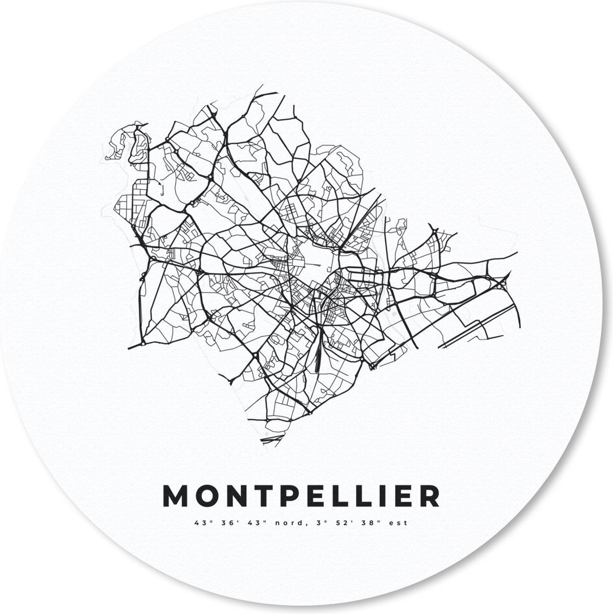 Muismat rond 20x20 cm - Mousepad Montpellier – Plattegrond - Zwart Wit – Stadskaart – Kaart - Ronde muismatten - Stadskaart