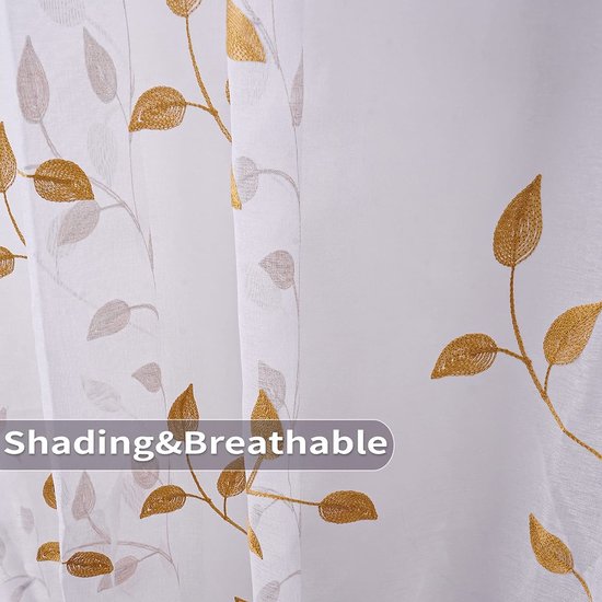 MIULEE 2 panelen voor gordijnen, bladeren, borduurwerk, ooggordijnen, raam, semi-voile, voor woonkamer, slaapkamer, 140 x 145 cm (b x h), groene bladeren