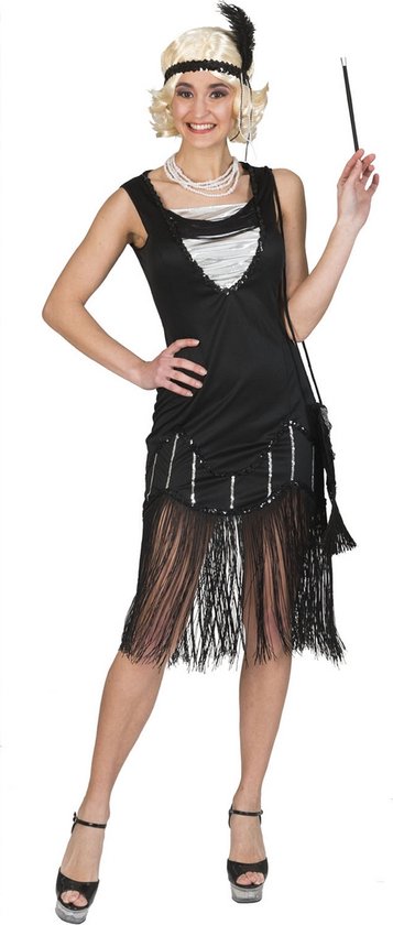 Funny Fashion - Jaren 20 Danseressen Kostuum - Feest In Crisistijd Charleston Dans - Vrouw - Zwart - Maat 36-38 - Carnavalskleding - Verkleedkleding