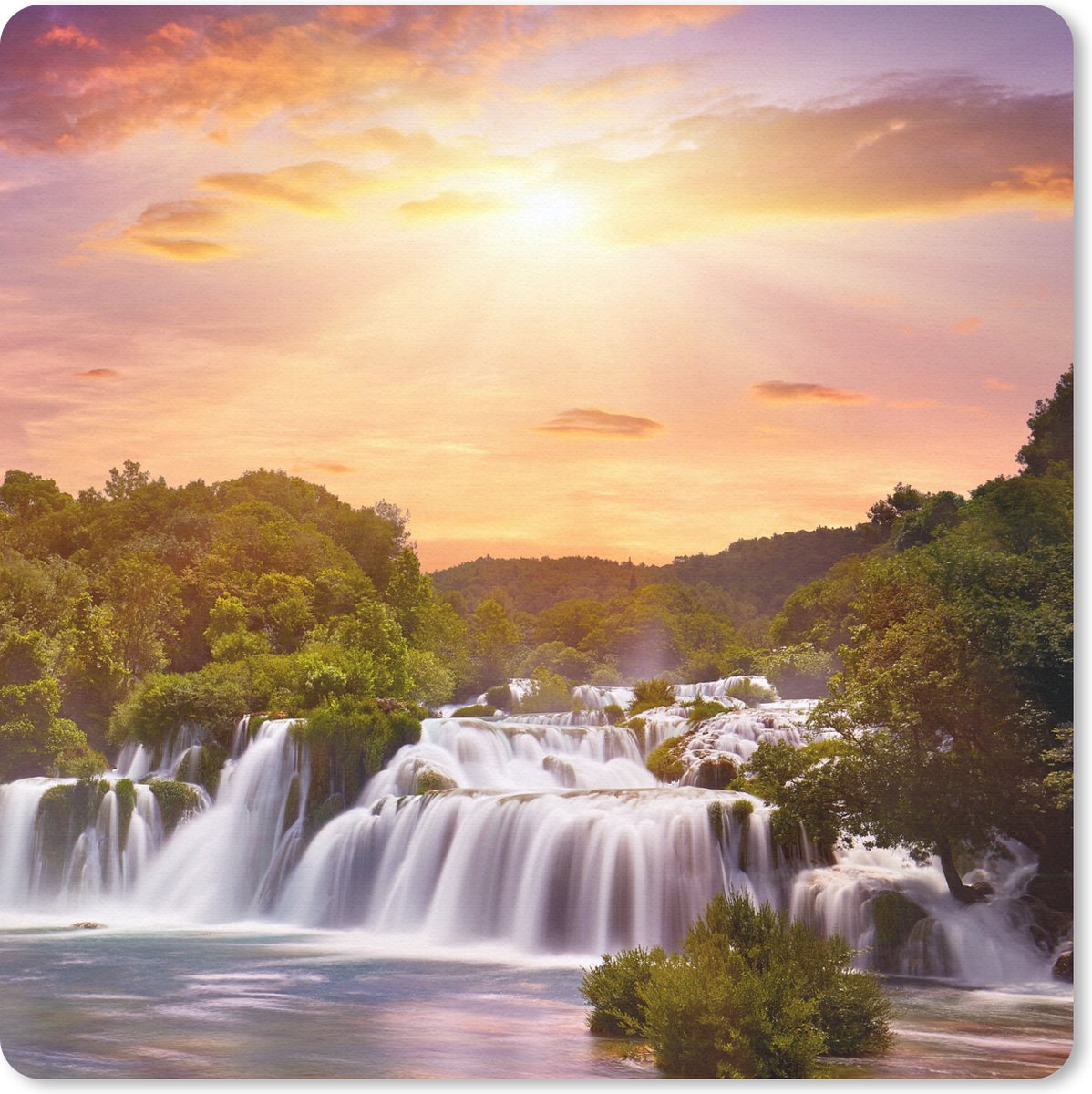 Muismat 20x20 cm - Mousepad Waterval - Landschap - Zon - Wolken - Zonsondergang - Muismatten