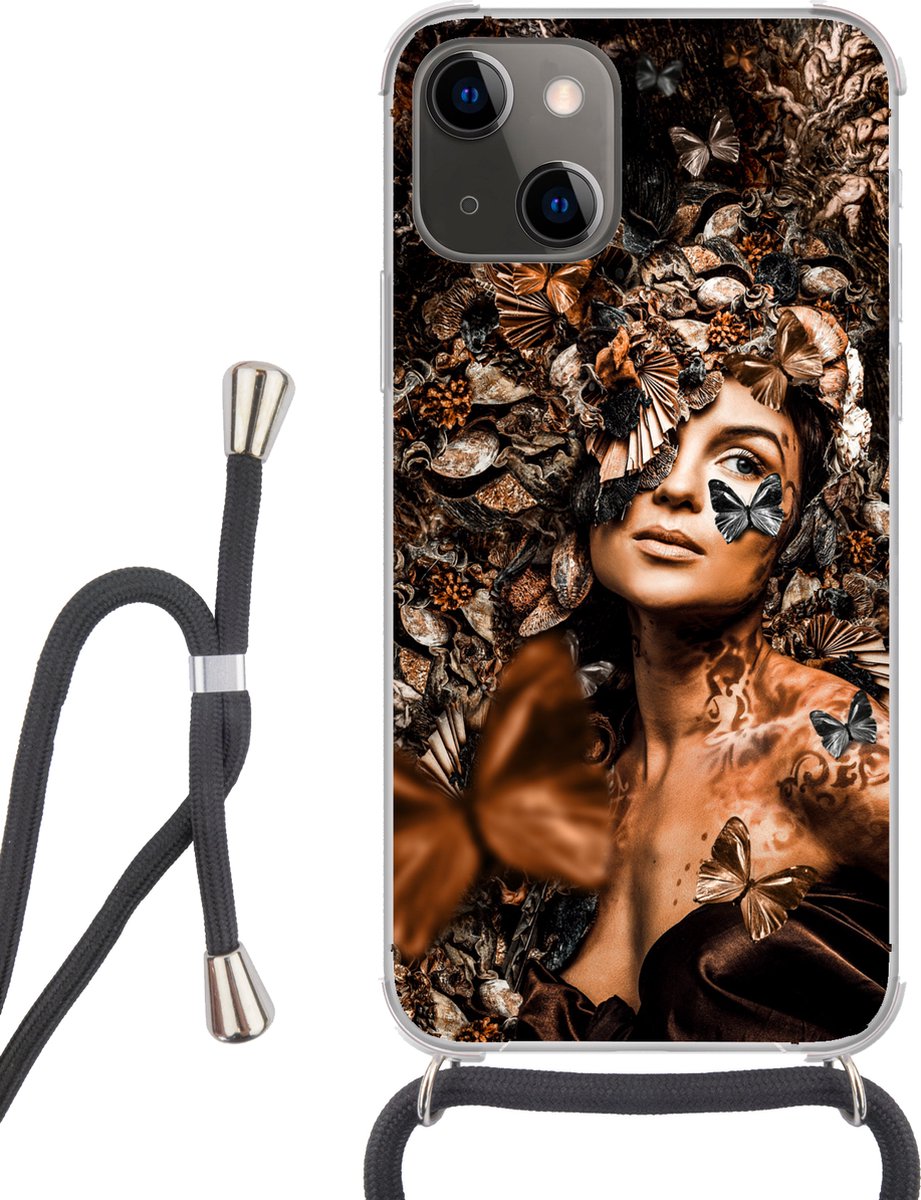 Telefoonhoesje Geschikt voor iPhone 13 Mini - Luxe - Vrouw - Collage - Siliconen - Crossbody - Backcover met Koord - Telefoonhoesje met koord - Hoesje met touw Telefoonhoesje