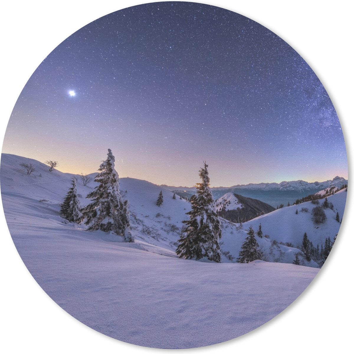 Muismat - Mousepad - Rond - Winter - Sneeuw - Nacht - Bomen - 20x20 cm - Ronde muismat