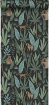 ESTAhome behang jungle apen zwart, donkergroen en mintgroen - 139074 - 0,53 x 10,05 m