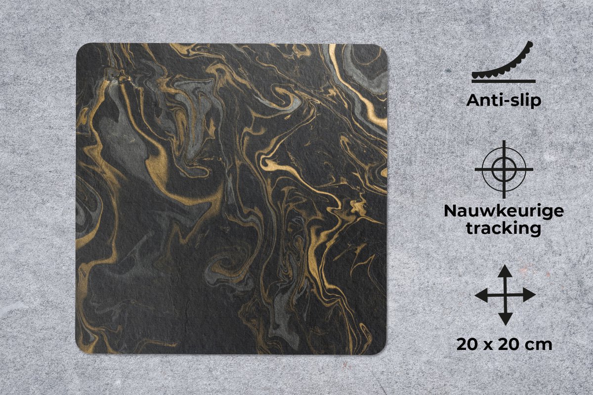 Muismat 20x20 cm - Mousepad Marmer - Textuur - Grijs - Goud - Marmer printlook - Luxe - Muismatten