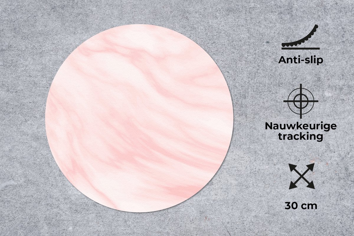 Muismat rond 30x30 cm - Mousepad Marmer - Roze - Wit - Luxe - Marmer printlook - Ronde muismatten