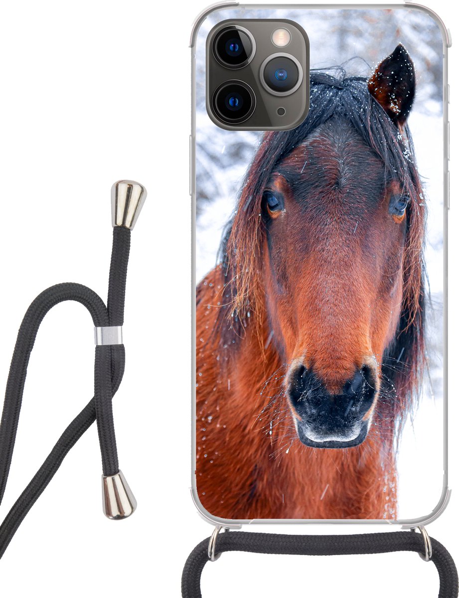 Telefoonhoesje Geschikt voor iPhone 11 Pro - Paard - Winter - Sneeuwvlok - Siliconen - Crossbody - Backcover met Koord - Telefoonhoesje met koord - Hoesje met touw Telefoonhoesje