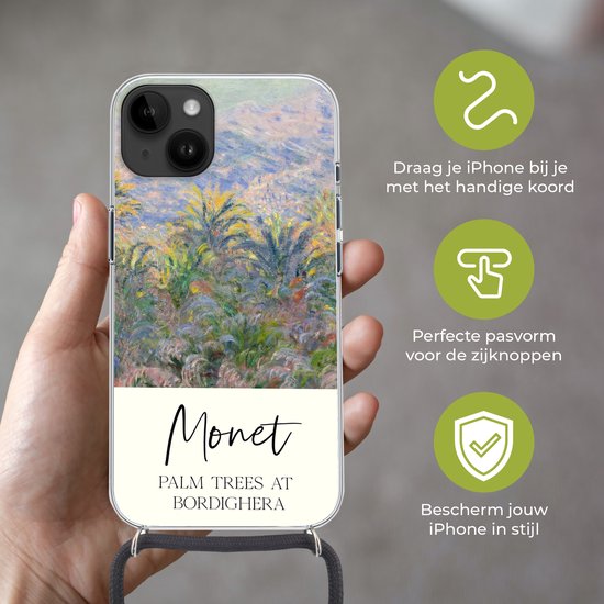 Convient pour Apple iPhone 14 Plus - Étui à bandoulière - Monet - Art - Palmiers à Bordighera - Siliconen - Bandoulière - Coque arrière avec cordon - Étui pour téléphone avec cordon - Étui avec corde