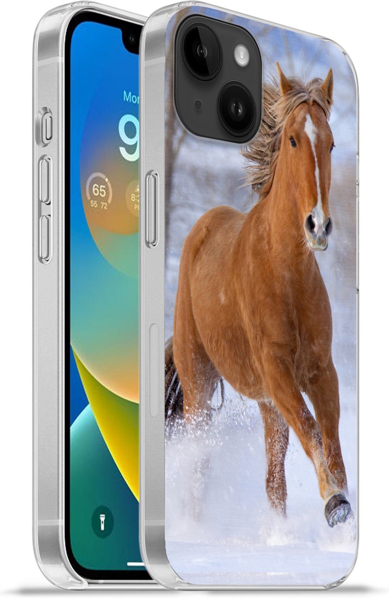 Telefoonhoesje Geschikt voor Apple Iphone 14 Plus hoesje - Paard - Sneeuw - Bruin - Siliconen Telefoonhoesje Telefoonhoesje