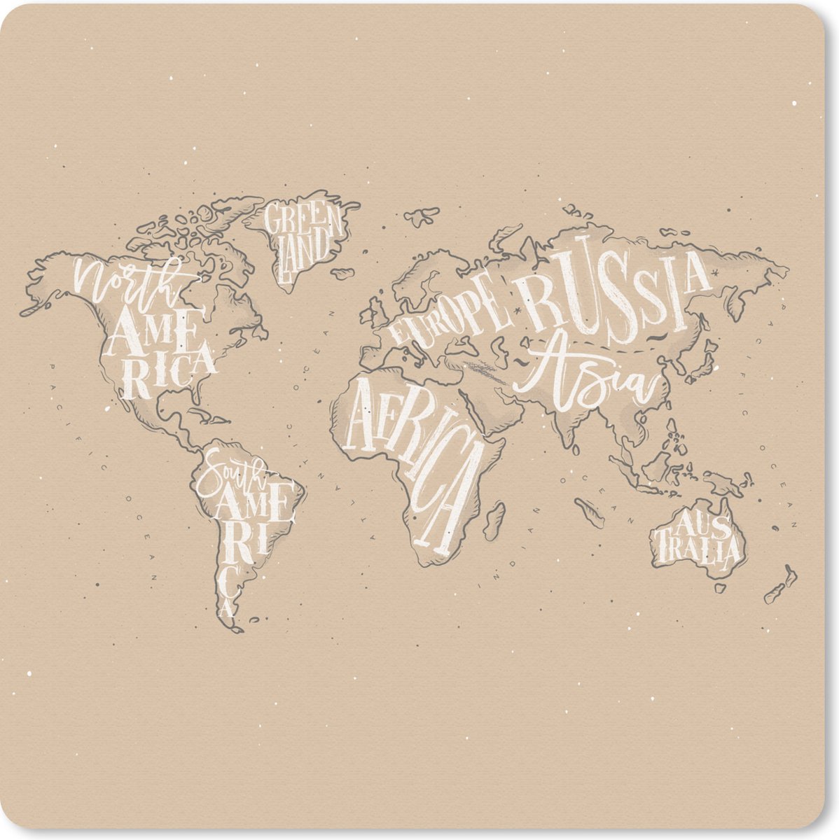 Muismat 20x20 cm - Mousepad Wereldkaart - Bruin - Wit - Letters - Muismatten