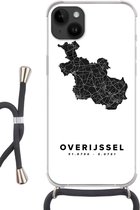 Geschikt voorApple Iphone 14 Plus - Crossbody Case - Overijssel - Wegenkaart - Zwart - Wit - Siliconen - Crossbody - Backcover met Koord - Telefoonhoesje met koord - Hoesje met touw