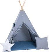 Tente TIPI bleu-gris à pompons TIPI Gris-bleu à pompons + 2 oreillers et tapis