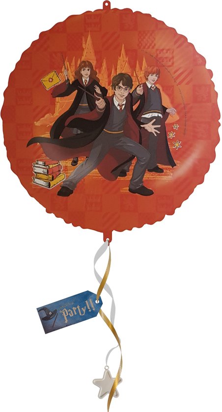 Harry Potter - Folieballon - opblaasbaar of te vullen met helium - herbruikbaar - 46 cm - incl. papieren rietje, gewichtje en 2 linten 1,5m - ballon - versiering - kinderfeestje - met tag