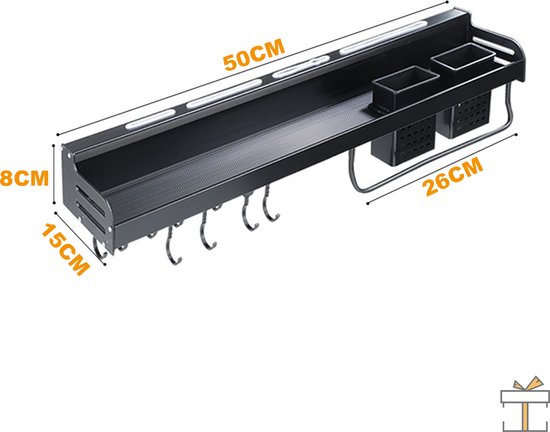 Pure Black 50 cm kruidenrek voor de muur van metaal met 8 haken - zwart Pure Black 50 cm kruidenrek voor de muur van metaal met 8 haken - zwart