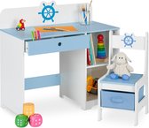 kinderbureau en stoel - lade - 2 open vakken - zeevaart-print - blauw-wit