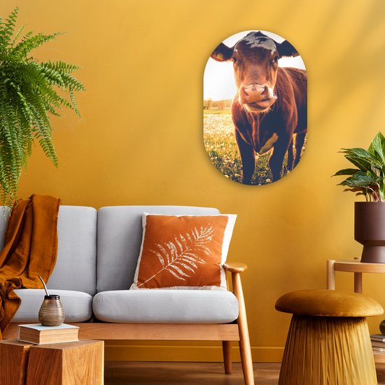Ovale Mural - Décoration murale Plastique - Tableau Ovale - Vache - Coucher de Soleil - Fleurs - Prairie - 40x60 cm - Forme Miroir Ovale sur Plastique