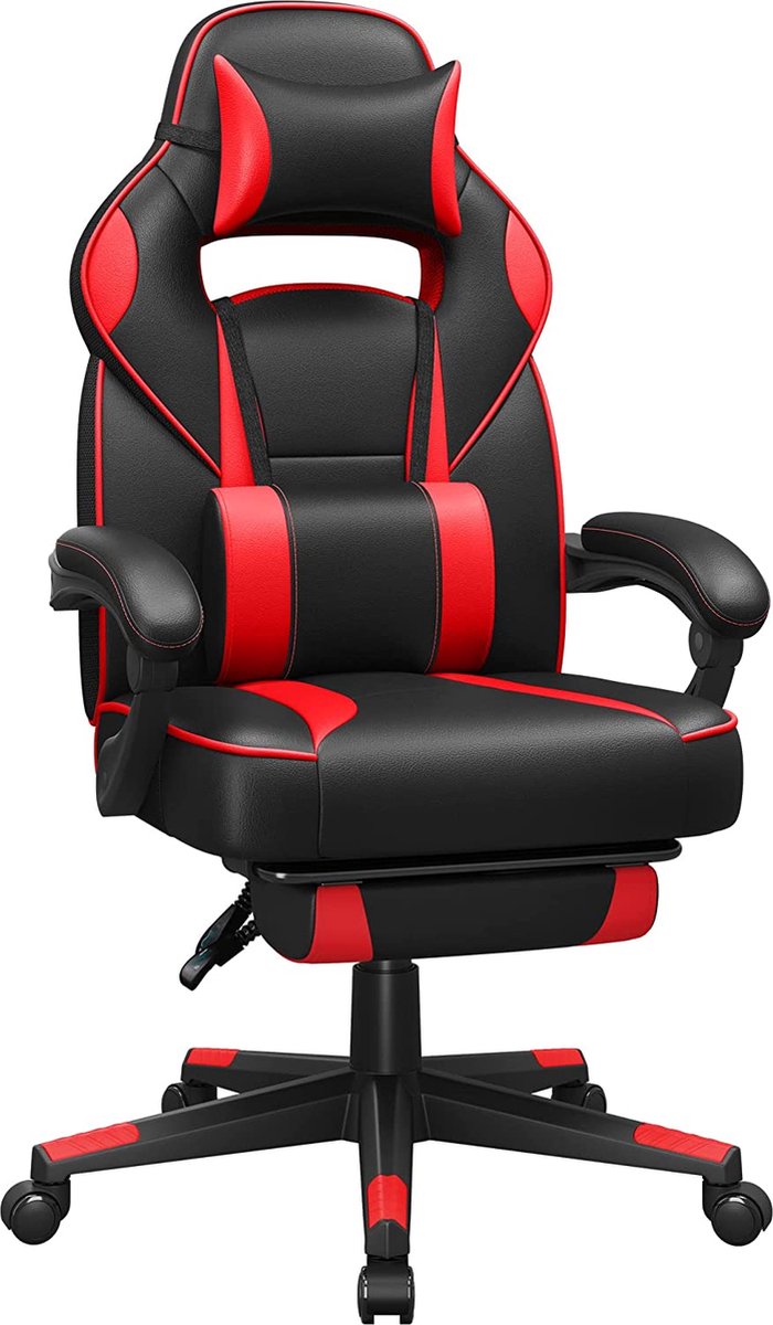 Bureaustoel - Gaming stoel - met voetsteun - met hoofdsteunlendenkussen - tot 150 kg draagvermogen - zwart rood