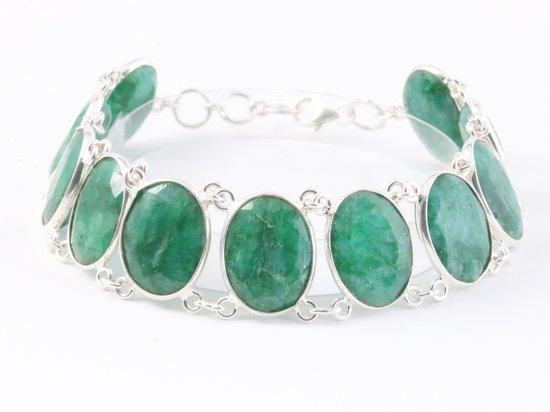 Zware zilveren armband met grote smaragd stenen