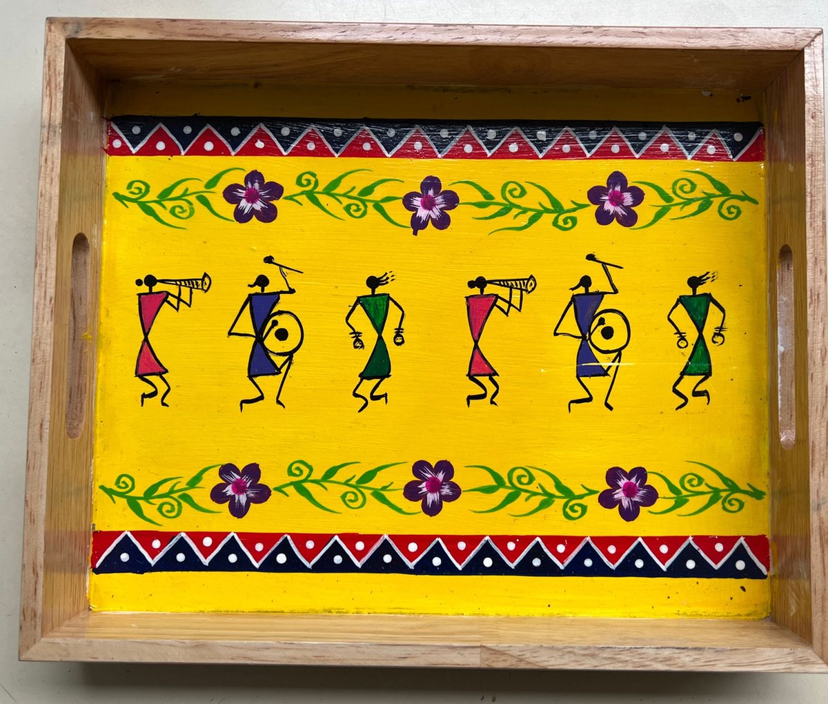 Hand Painted Warli Art Wooden Tray - Yellow