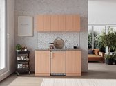 Goedkope keuken 150  cm - complete kleine keuken met apparatuur Gerda - Beuken/Beuken - keramische kookplaat  - koelkast          - mini keuken - compacte keuken - keukenblok met apparatuur