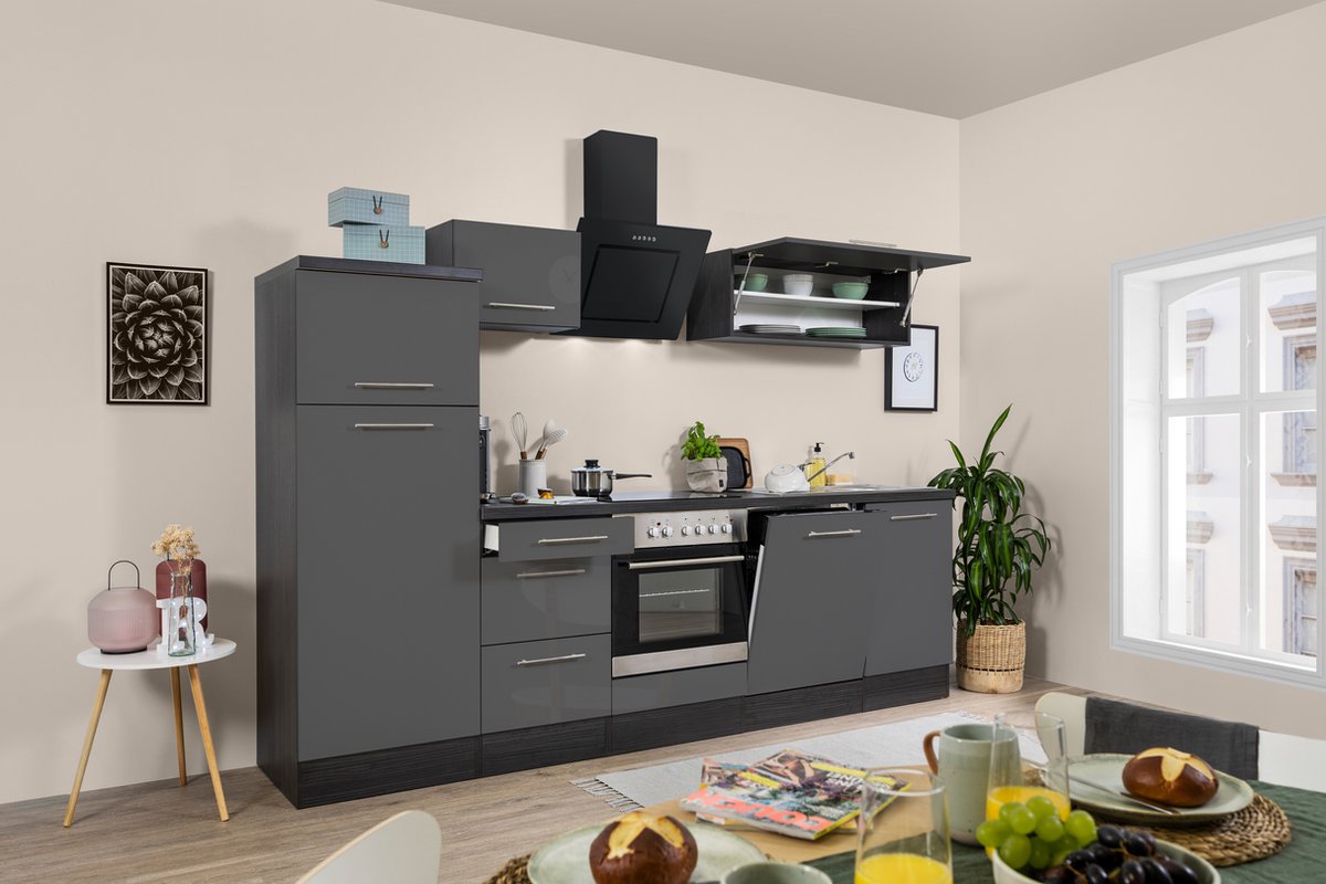 Goedkope keuken 280 cm - complete keuken met apparatuur Amanda - Eiken grijs/Grijs - soft close - keramische kookplaat - vaatwasser - afzuigkap - oven - spoelbak