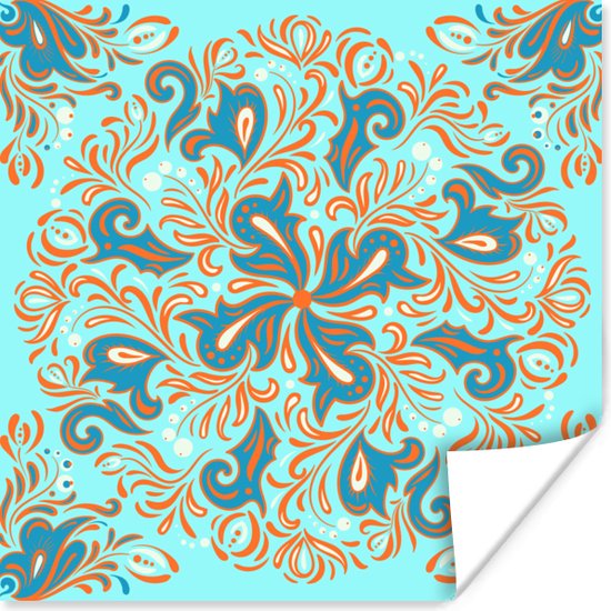 Vierkant patroon op een lichtblauwe achtergrond met een blauwe bloem en oranje bladeren 50x50 cm - Foto print op Poster (wanddecoratie woonkamer / slaapkamer)