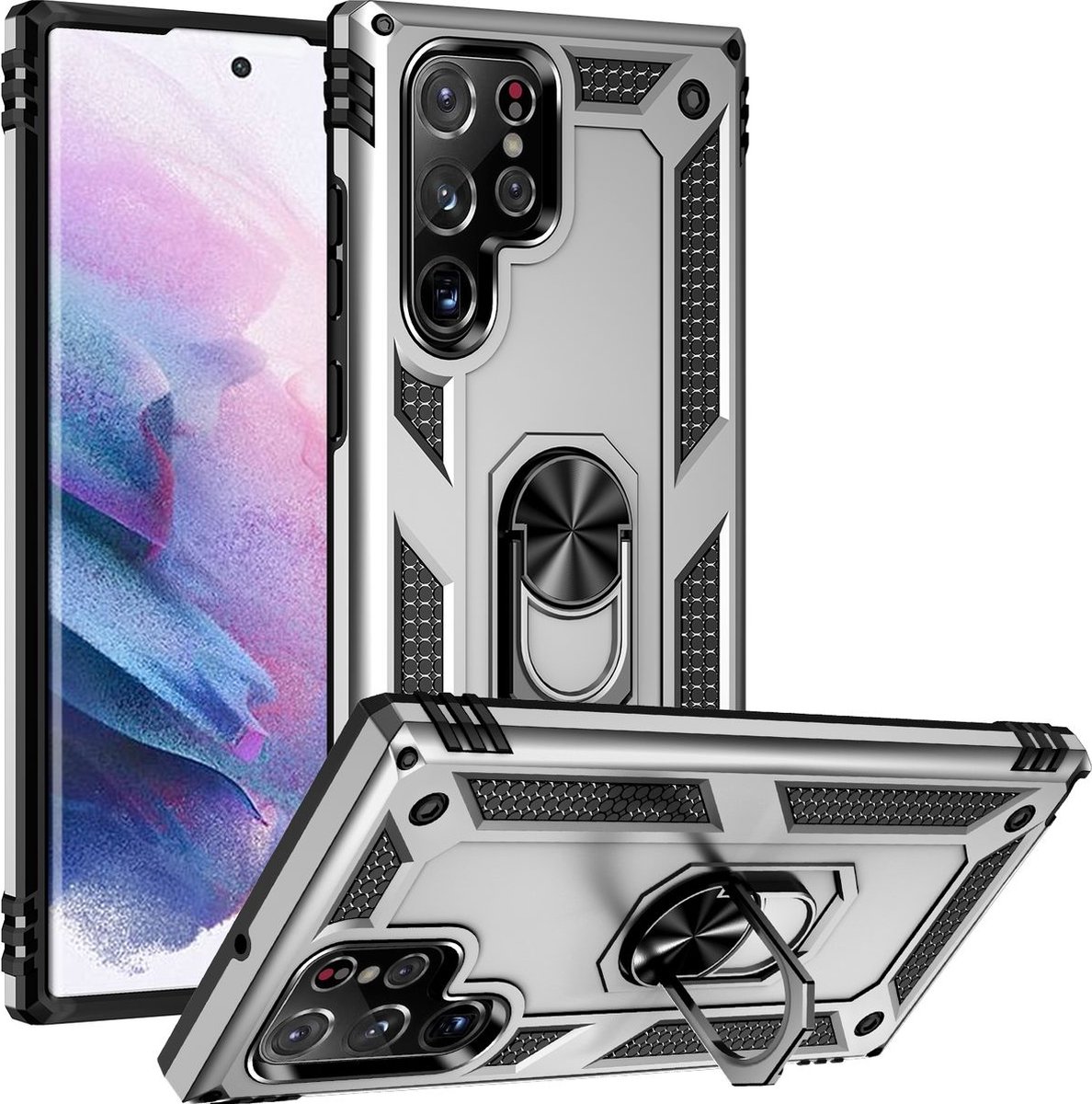 Mobigear Hoesje geschikt voor Samsung Galaxy S23 Ultra Telefoonhoesje Hardcase | Mobigear Armor Ring Backcover Shockproof met Ringhouder | Schokbestendig Galaxy S23 Ultra Telefoonhoesje | Anti Shock Proof - Zilver