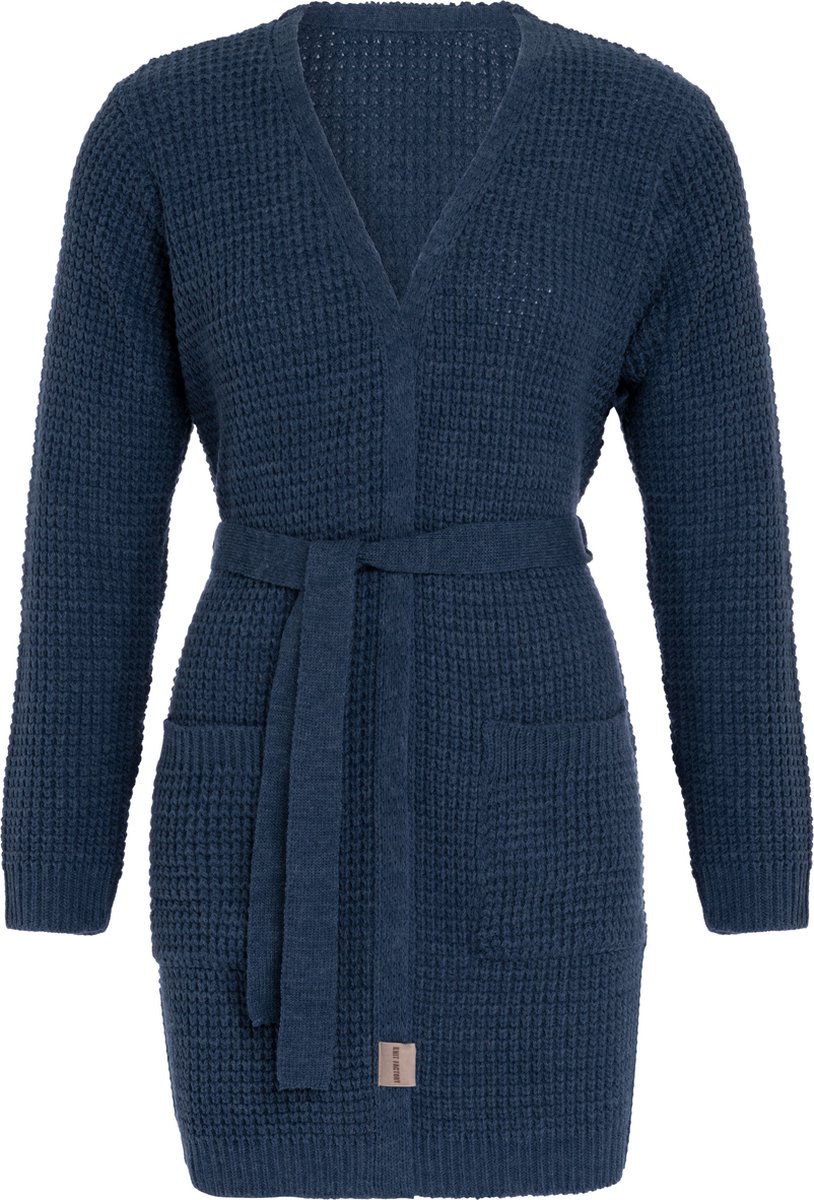 Knit Factory Robin Gebreide Dames Vest - Grof gebreide cardigan - Donkerblauw Damesvest - Middellang vest reikend tot boven de knie - Jeans - 36/38 - Met steekzakken