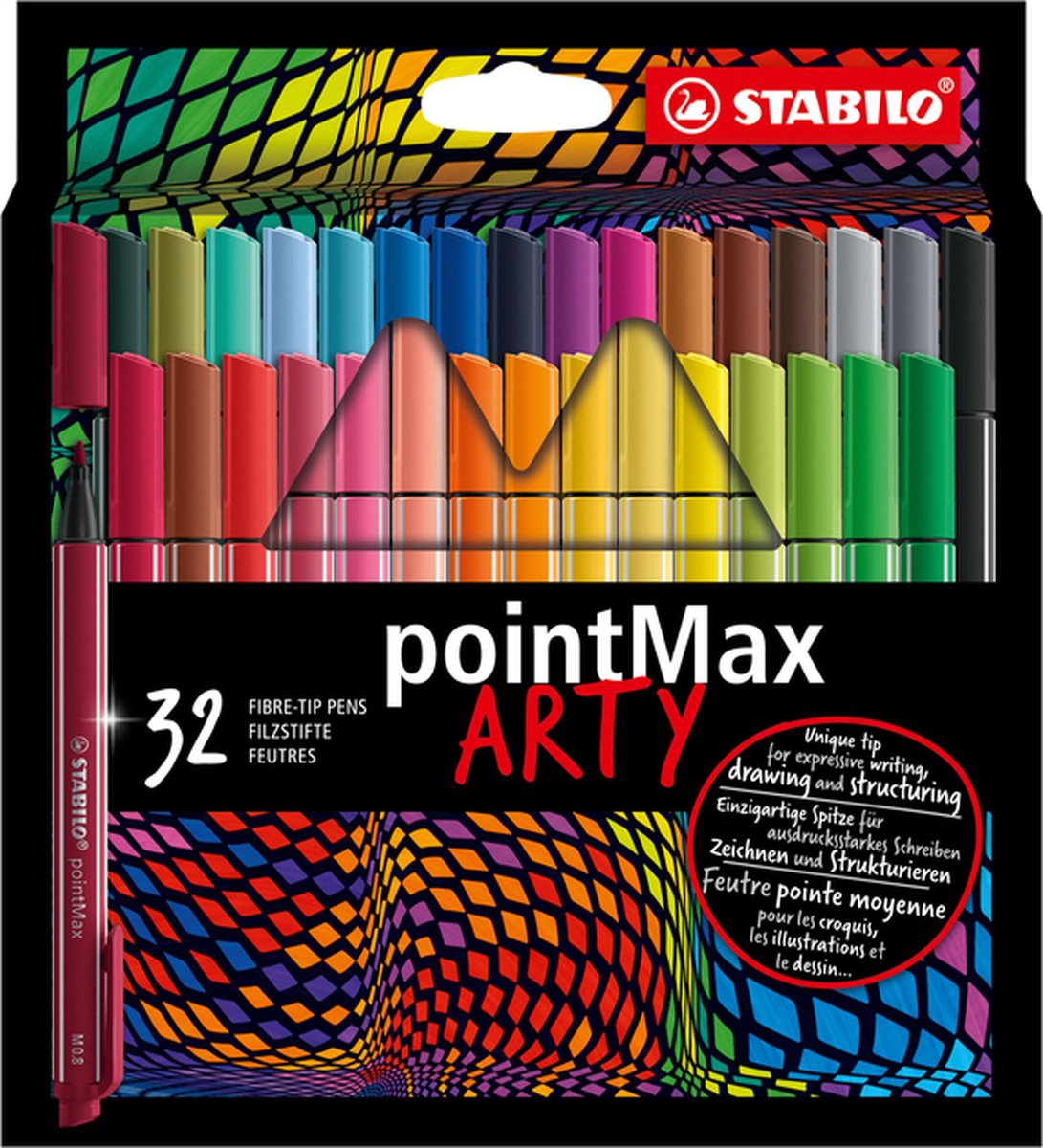 STABILO pointMax - Feutre fin à pointe dure - Grand 0 mm - Pointe en nylon  - Étui ARTY