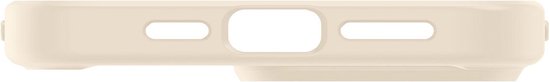 Vue latérale d'une coque Spigen beige pour iPhone 14 Pro Max, avec découpes pour les boutons et les ports.