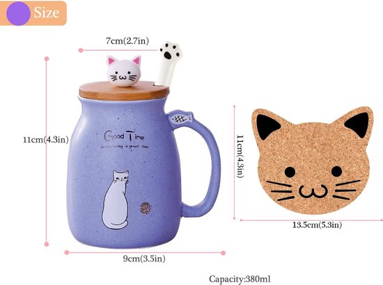 MengCat Kat Mok Leuke Keramische Koffiekop met Mooie Kitty deksel Roestvrijstalen Lepel, Nieuwigheid Ochtendbeker Thee Melk Kerstmok Gift 380ML (Blauw