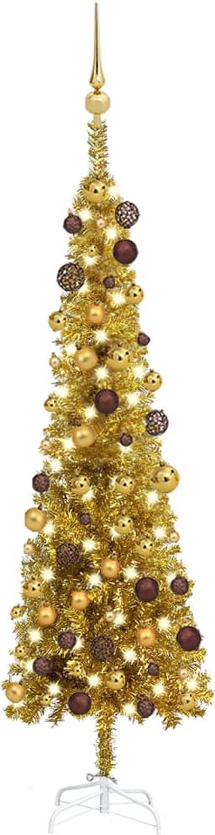 Prolenta Premium - Kerstboom met LED's en kerstballen smal 120 cm goudkleurig
