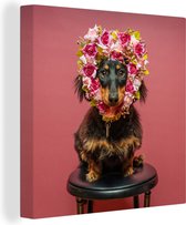 Chien avec une couronne de fleurs en forme de coeur toile 2cm 50x50 cm - Tirage photo sur toile peinture (Décoration murale salon / chambre) / Peintures sur toile Animaux domestiques