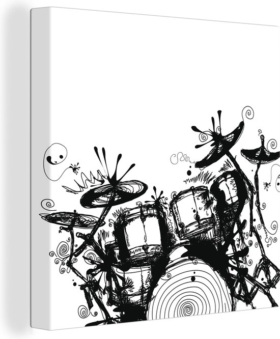 Canvas Schilderij Zwart-wit illustratie van een drumstel - 20x20 cm - Wanddecoratie