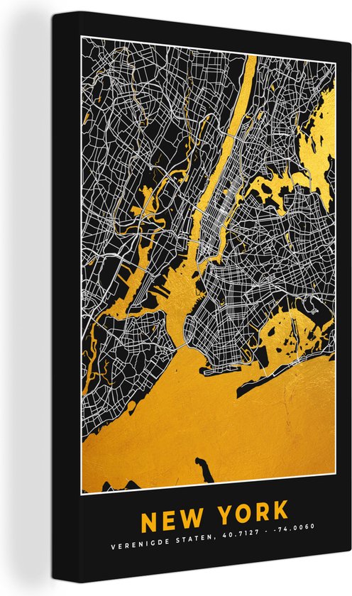 Canvas Schilderij New York - Stadskaart - Goud - Kaart - Plattegrond - 60x90 cm - Wanddecoratie