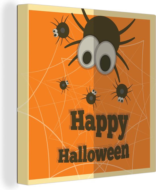 Affiche d'Halloween avec des araignées et le texte 'Happy Halloween'.