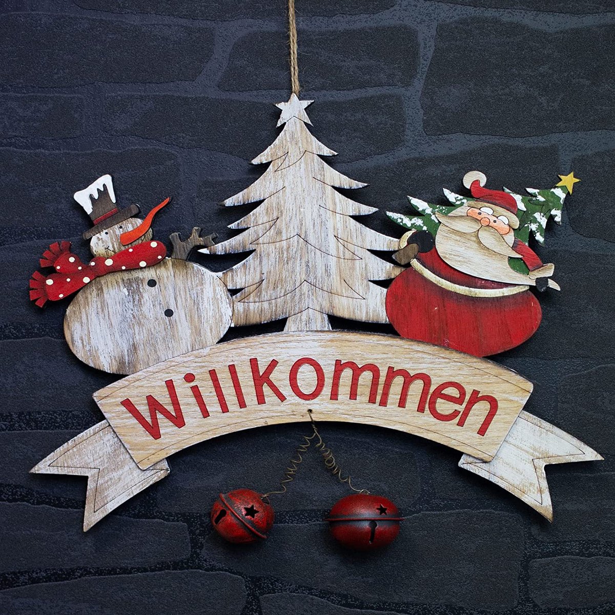 Hangdecoratie Kerstmis - Houten hanger belettering met belletje - Houten deurbordje