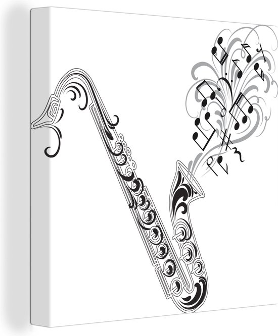 Canvas Schilderij Zwart-wit illustratie van een saxofoon met muzieknoten - 50x50 cm - Wanddecoratie