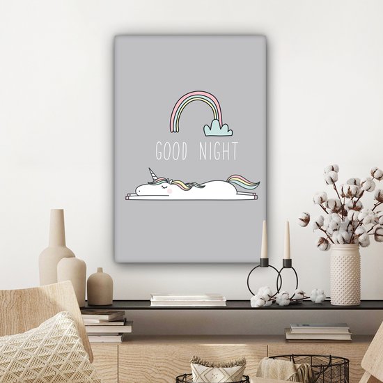 Peinture sur toile Licorne - Citations - Bonne nuit - Licorne - Texte - Arc-en-ciel - Dictons - Décoration murale filles - Décoration chambre d'enfant - 60x90 cm