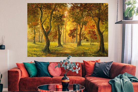 Une illustration d'une forêt au soleil d'automne poster 180x120 cm - Tirage photo sur Poster (décoration murale salon / chambre) / Poster Arbres XXL / Groot format!