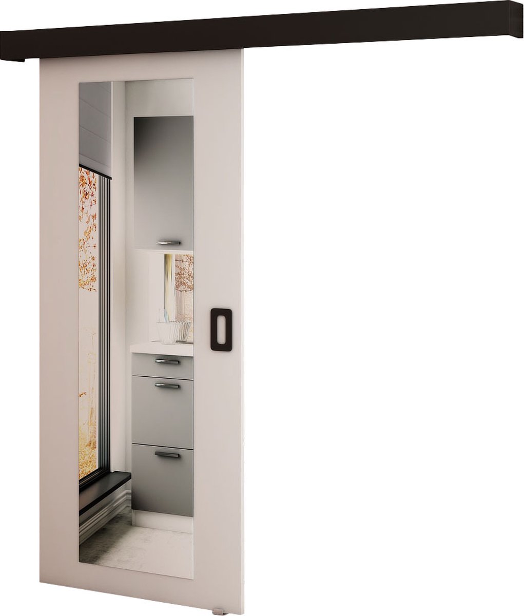 InspireMe - Schuifdeursysteem met rail en spiegel - 90x204cm - MAY II - Wit Mat + Zwart frame + Zwart Handvat